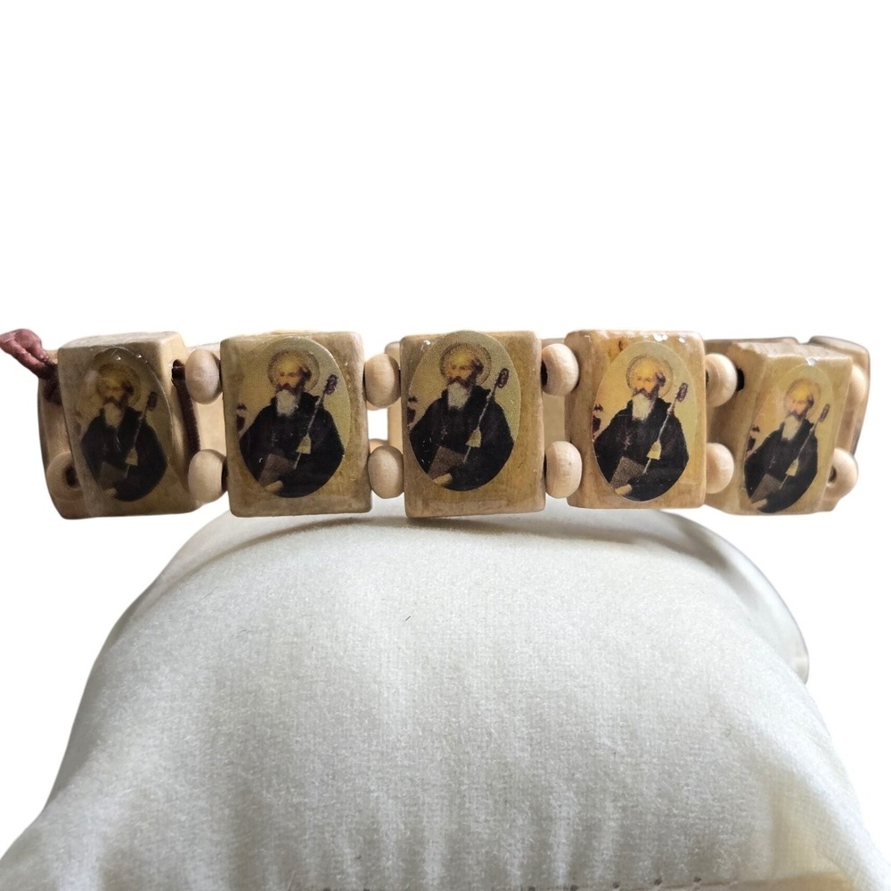 Vintage Wood Saint Icon Stretch Bracelet Religious Devotional Prayer‎ Beads 6"